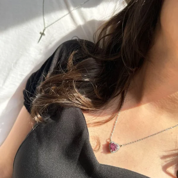 Çift Kolyesi, Kalp Ve Kılıç Kolye Pembe Taşlı