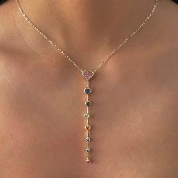 Renkli Kalp Taşlı Altın Kaplama Y Kolye