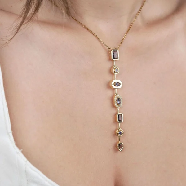 Zarif Taş Detaylı Altın Kaplama Y Kolye